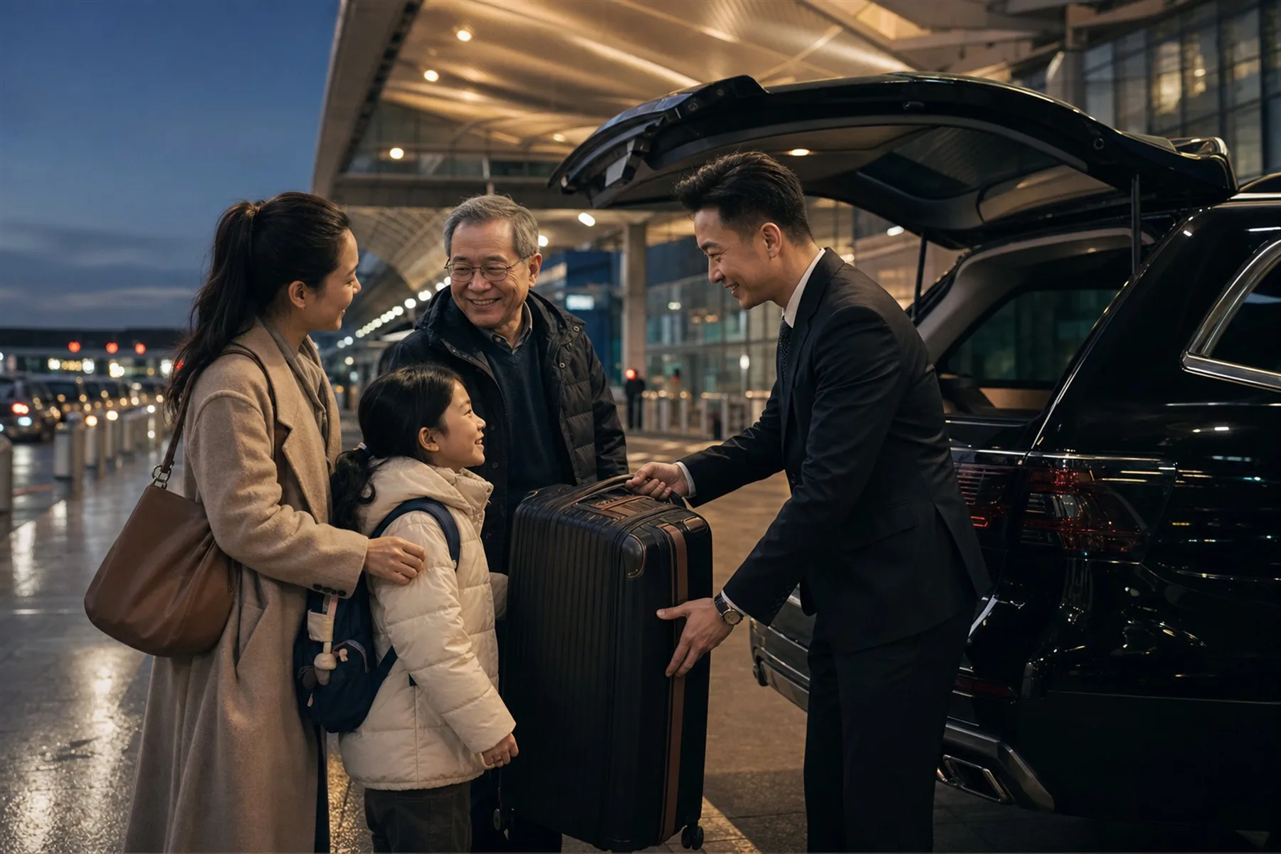 A Grandlink chauffeur takes a family's luggage at JFK Airport, a black private car waiting alongside
